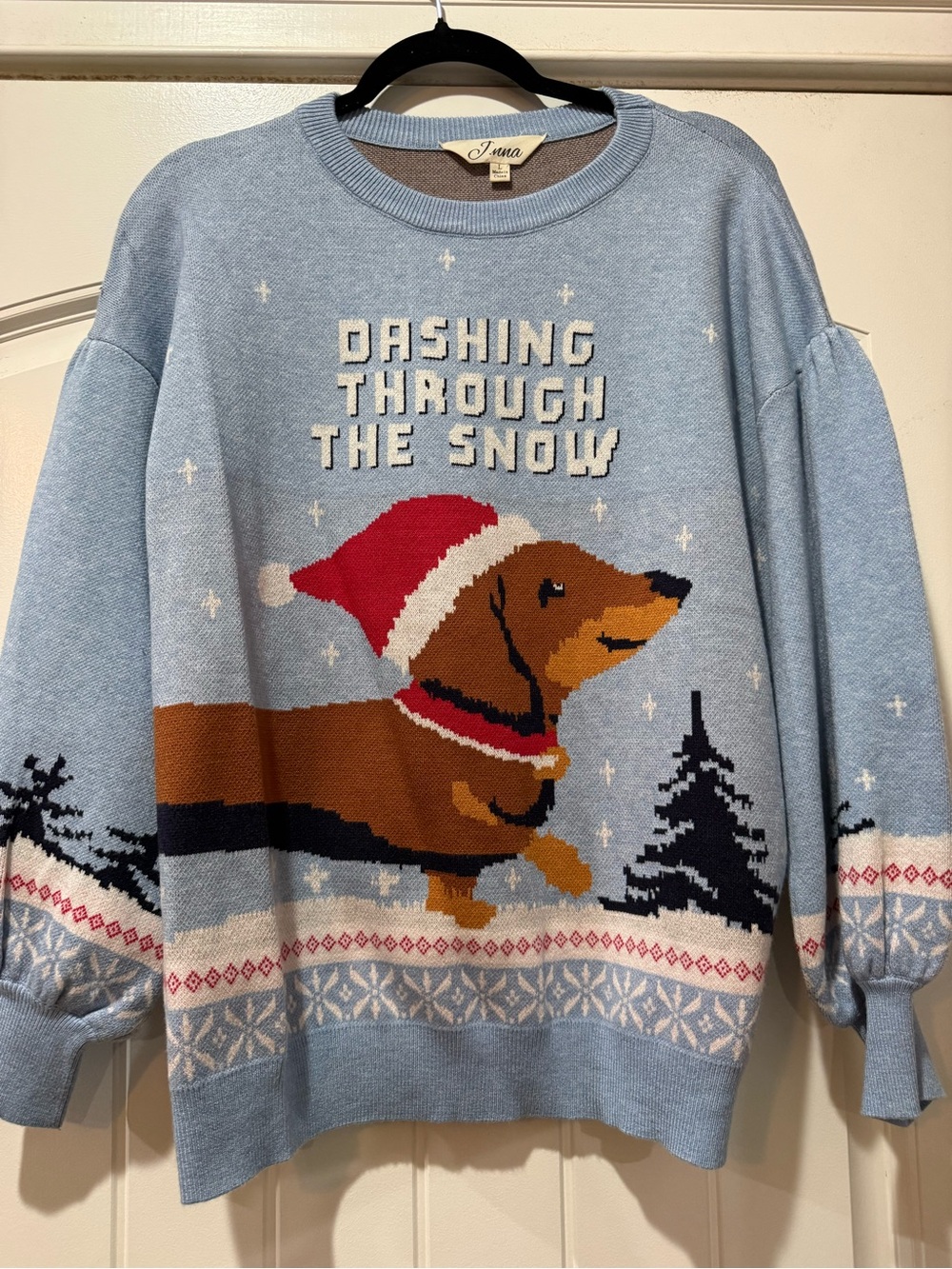 Size Large Light Blue 'Dashing Through The Snow' Dachshund Holiday Sweater
